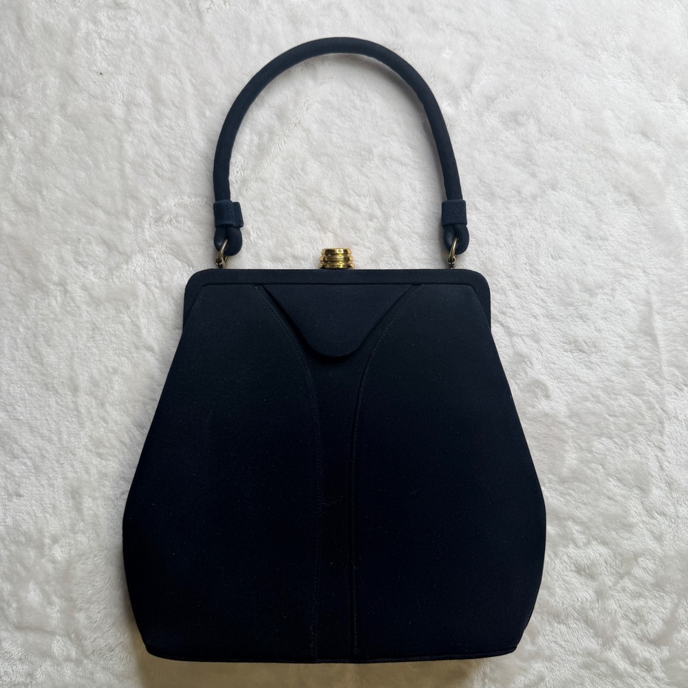 Vintage 60s 70s Navy Black Faux Suede Evening Bag Gold Clasp Frame Handbag